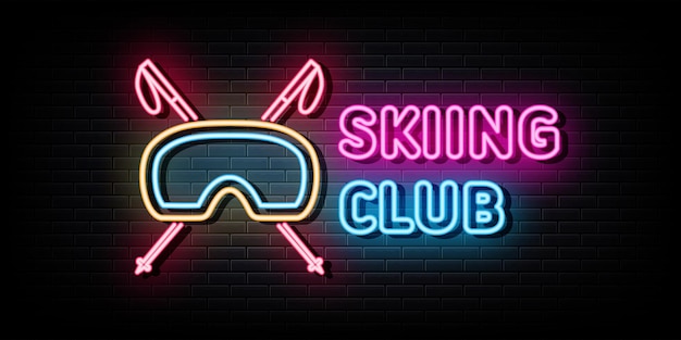 Skiing club logo neon signs vector