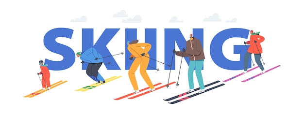 Skiing concept. people riding skis by snow slopes on winter resort. characters travel entertainment, wintertime season holidays activity, sport poster, banner or flyer. cartoon vector illustration