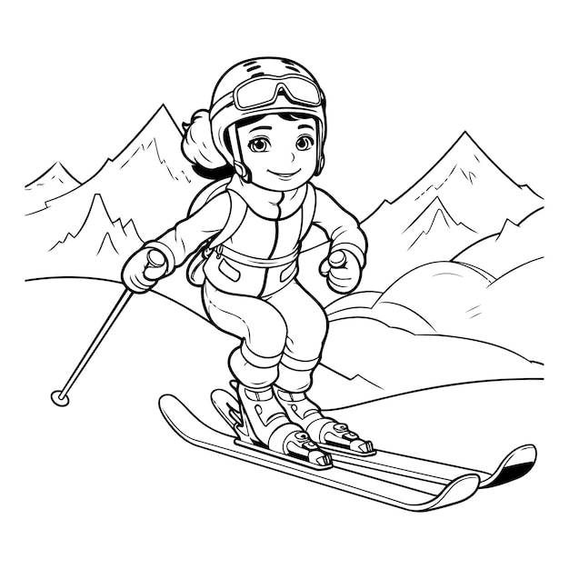 스키 를 타는 소녀 어린이 를 위한 컬러링 책 터 일러스트레이션