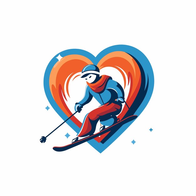 Skiing man vector logo Skier with skis and heart