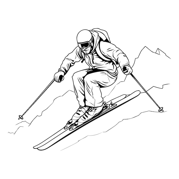 스키 타는 스키 선수의 모노크롬 터 일러스트레이션