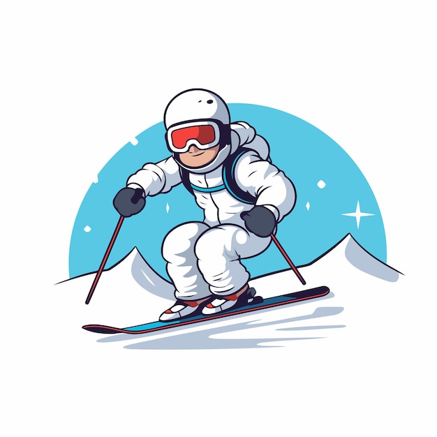 Skiing in the mountains Cartoon skier vector illustration