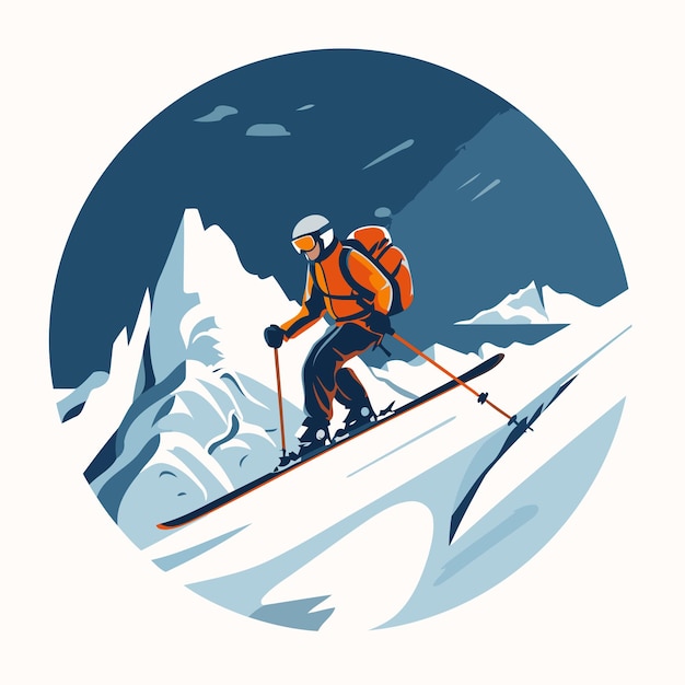 Vector skiing in the mountains vector illustration in flat style