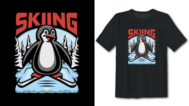 Vector skiing penguin t shirt design premium