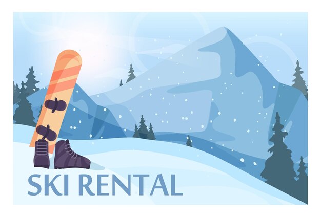 Skiing resort banner. ski rental, snowboard in a snowdrift. snowy hills and forest scenery. beautiful nature in snow, december freezing weather. flat vector illustration