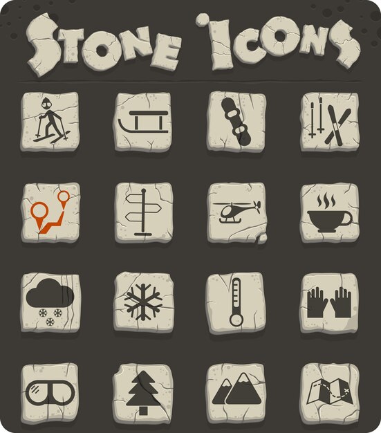 Катание на лыжах векторные иконки на каменных блоках в стиле каменного века для веб-дизайна и дизайна пользовательского интерфейса
