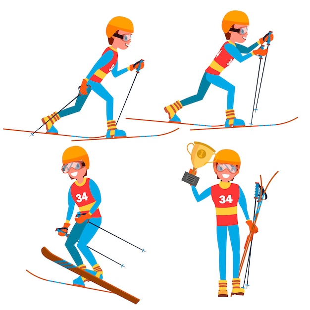 Skiing young man player character set