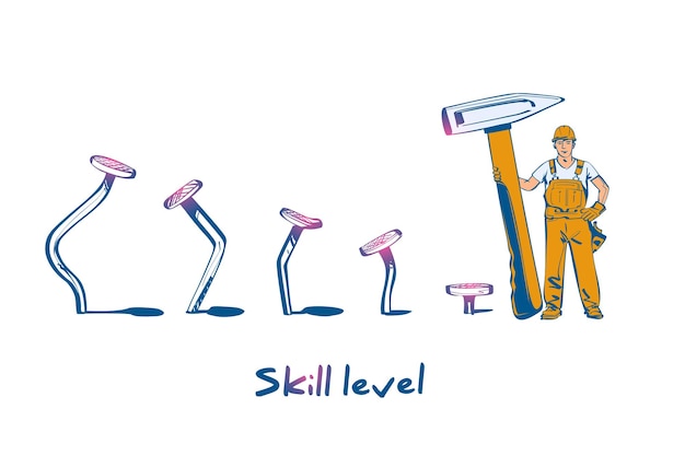 Vector skill level concept man holding a hammer in hand hammer nails training