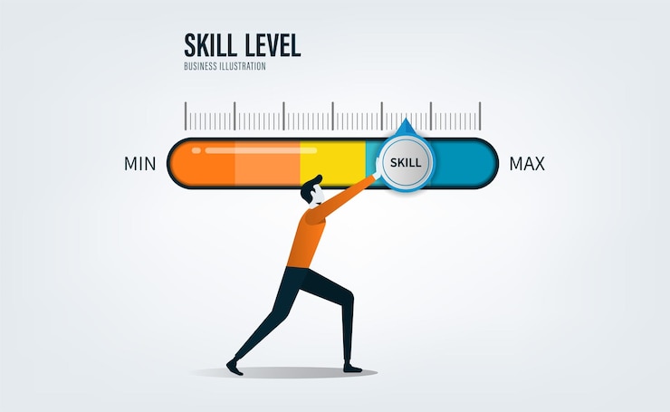 Vector skill levels growth increasing skills level businessman pushing progress bar up to maximum position