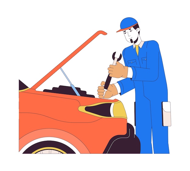 skilled caucasian mechanic repairing car 2d linear cartoon character