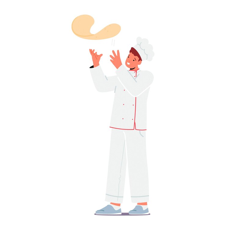 Vector skilled chef character deftly tosses pizza dough into the air creating mesmerizing dance of flour and dough crafting the perfect canvas for a delicious masterpiece cartoon people vector illustration