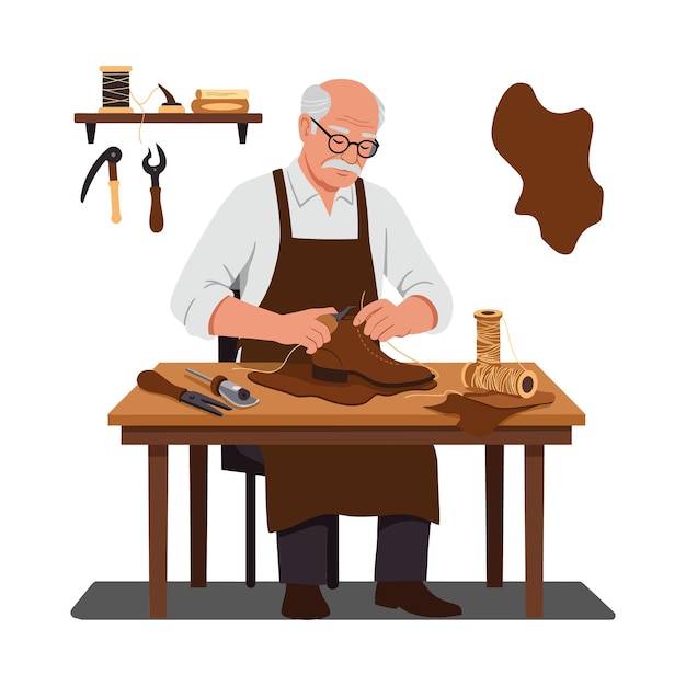 skilled shoemaker crafting leather shoes in detailed flat vector art