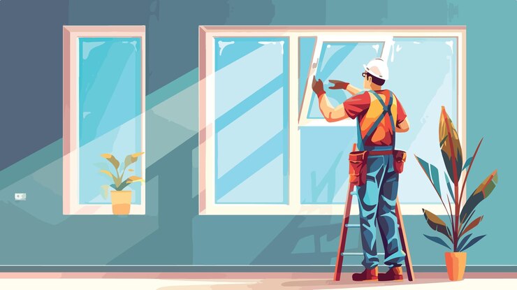Vector skilled worker installing double glazing window indoors in uniform