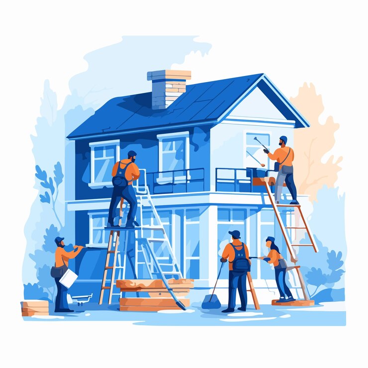 Vector skilled workers engaged in house repair and renovation project