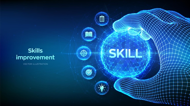 Vector skills improvement and personal development concept education knowledge and skill in the shape of polygonal sphere in wireframe hand professional or educational knowledge vector illustration