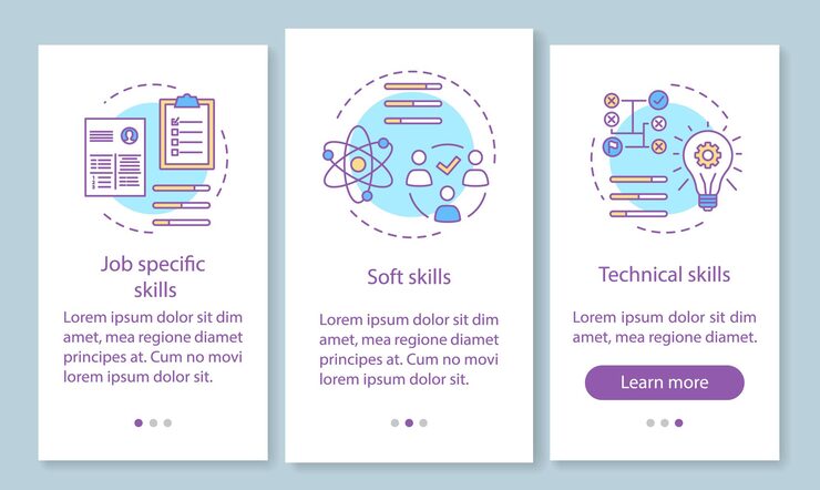 Vector skills onboarding mobile app page screen with linear concepts. job specific, soft, technical skills, employee abilities walkthrough steps instructions. ux, ui, gui vector template with illustrations
