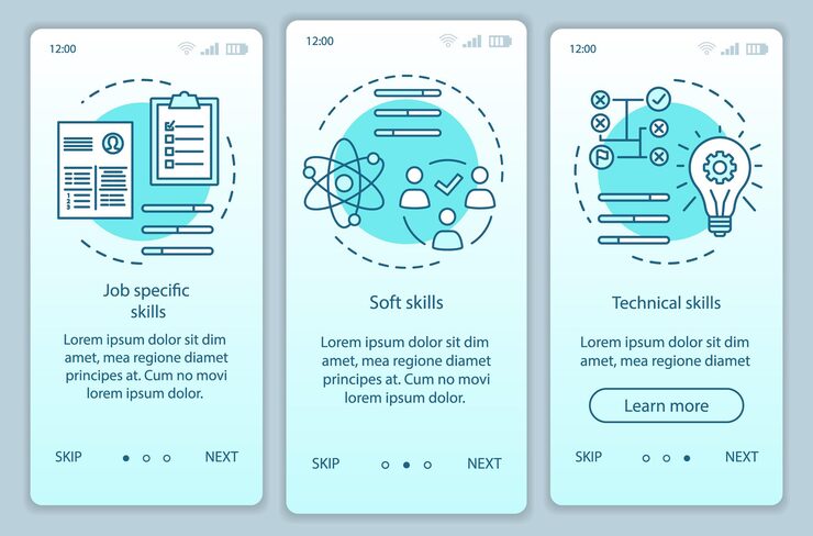 Vector 기술 청록색 그라데이션 온보딩 모바일 앱 페이지 화면 벡터 템플릿. 선형 삽화가 포함된 전문 자격 연습 웹 사이트 단계. ux, ui, gui 스마트폰 인터페이스 개념