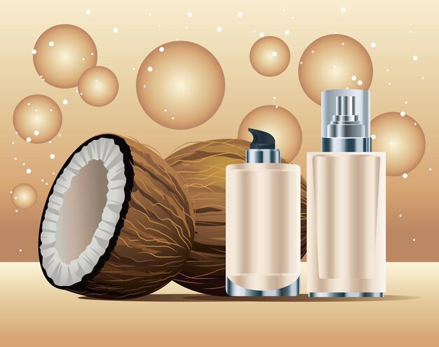 Skin care bottles cream color products with coconuts  illustration