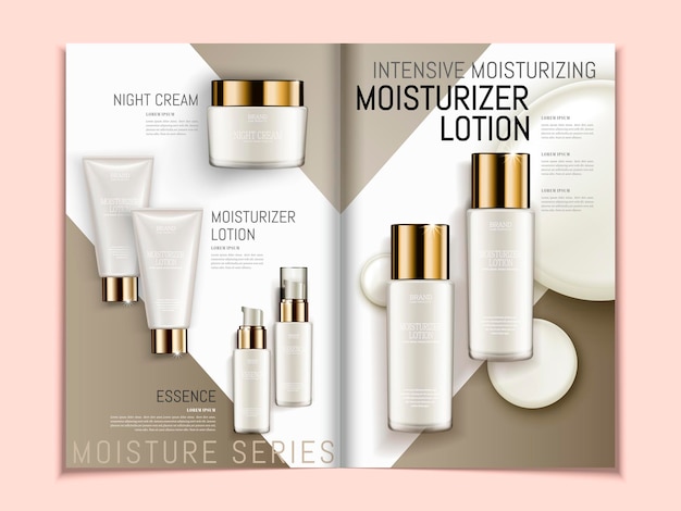 Skin care brochure template, series of pearl white cosmetic products on geometric background magazine or catalog in 3d illustration, top view of s