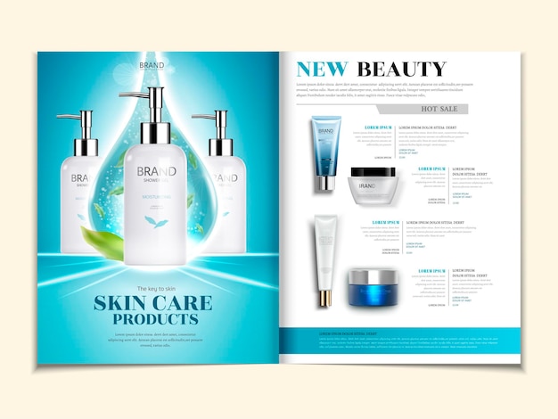 Skin care catalogue, cosmetic magazine template with produts in 3d illustration