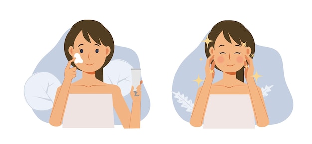 Skin care concept.facial treatment. woman is using cream on her face,before after.flat vector illustration