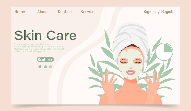 Vector skin care concept landing page template a woman does cosmetic spa treatments for her face