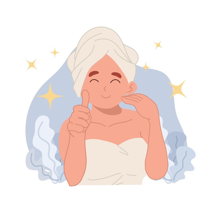 Vector skin care concepthappy woman with clear face doing thumb up hand good result flat cartoon character vector illustration