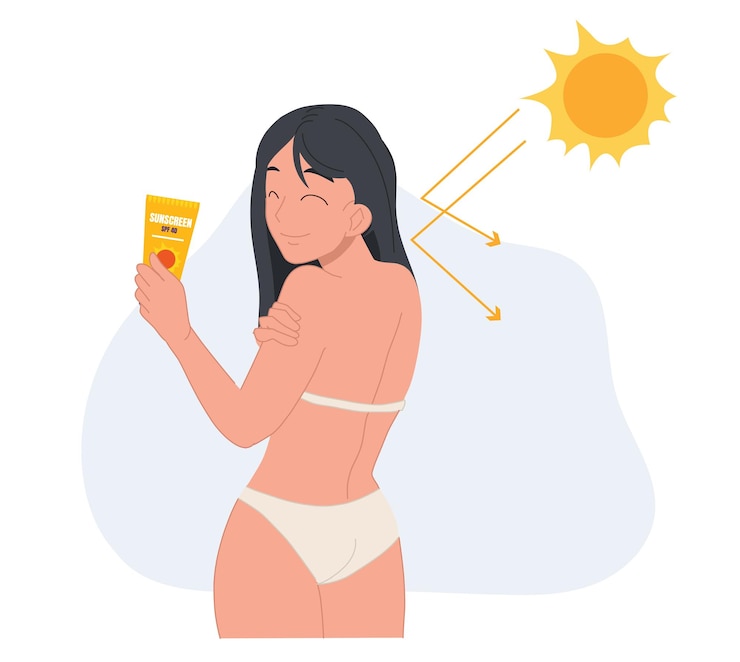 Vector skin care conceptsun protectionhappy woman in swimming suit using sunblock avoid from sunburn damage