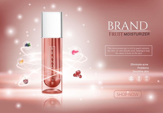 Skin care cosmetic colorstay makeup in glass bottle and tube on the rose gold background with bokeh