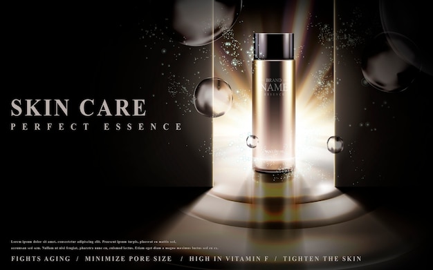 Vector skin care essence contained in glass bottle lighted in dark background