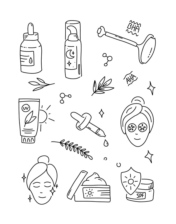 Vector skin care icons set hand drawn collection face and beauty anti aging treatment for skin cell