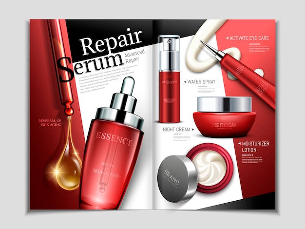 Vector skin care magazine template, repair series cosmetic set in 3d illustration in red tone