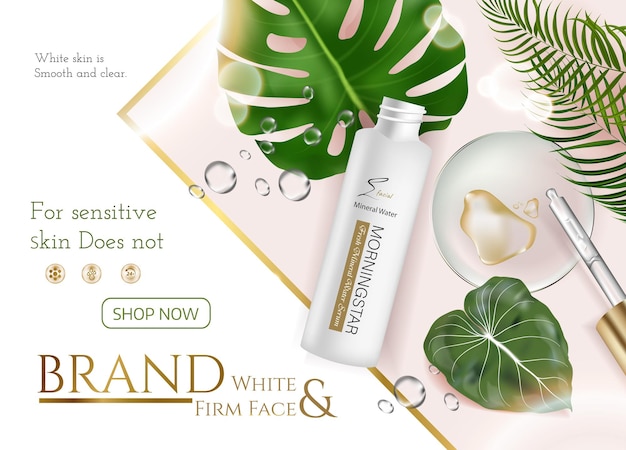 Skin care product ads for advertisement with tropical leaves on marble stone background in mockup illustration, top view