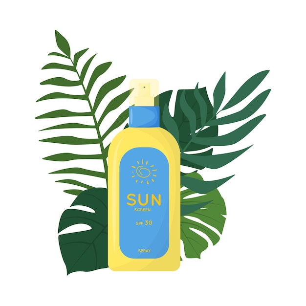 Skin care product on the ground of tropical leaves Sun safety UV protection spray Summer cosmetic