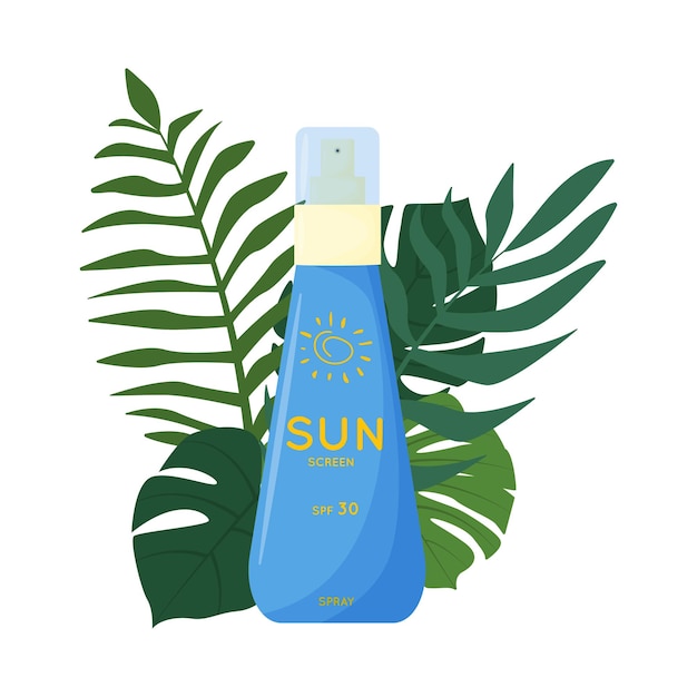 Skin care product on the ground of tropical leaves sun safety uv protection spray