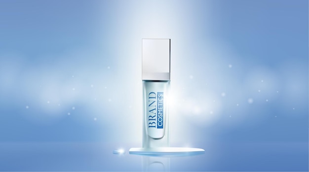 Skin care product with water drops on blue background  Realistic vector illustration