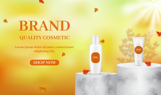 Skin care products on blurred background with twigs and leaf