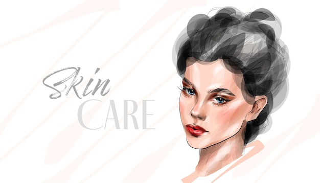 Vector skin care routine. fashion woman sketch. spa beauty concept. hand drawn vector illustration.