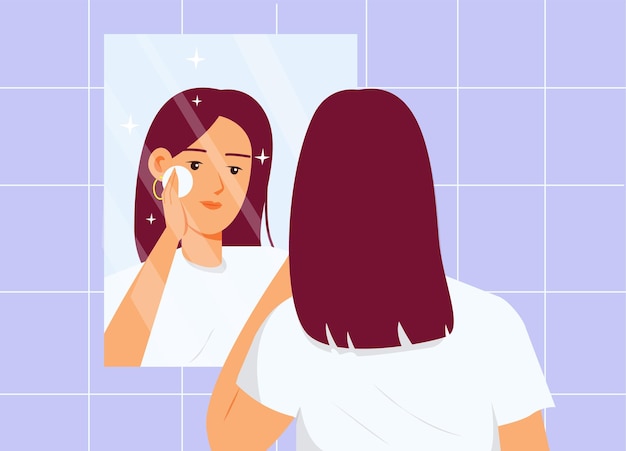 벡터 스킨 케어 루틴 욕실에서 거울 앞에서 얼굴 피부를 청소하는 소녀