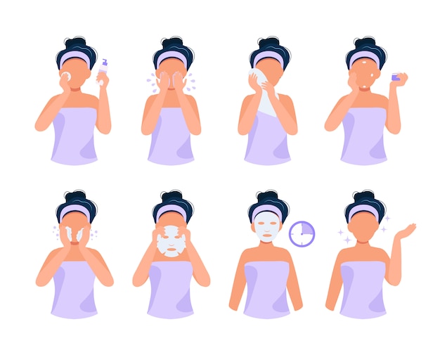 Vector skin care routine. illustration set with girl making different steps, skin care, beauty routine.