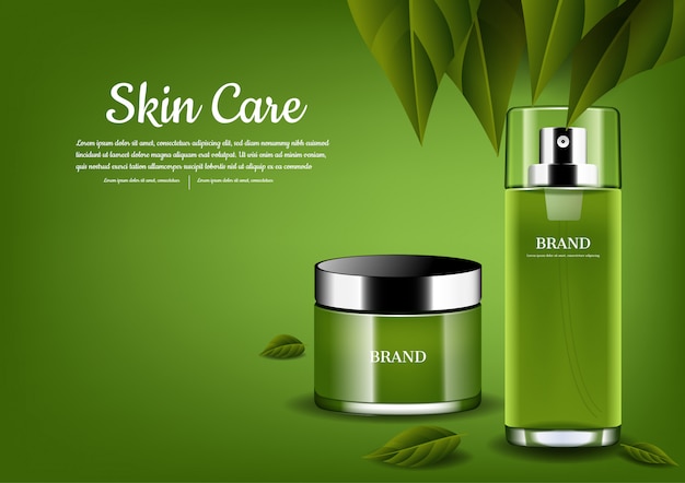 Vector skin care set with green leaves