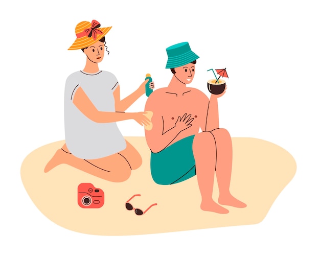 Skin care with sunscreen cream Woman on beach applies sunblock sun block for UV protection on man