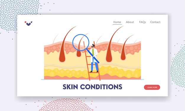 Vector skin conditions landing page template tiny doctor trichologist check health of hair follicles and scalp with magnifier