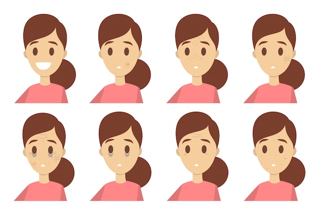 Vector skin problems set. woman with bad face condition.