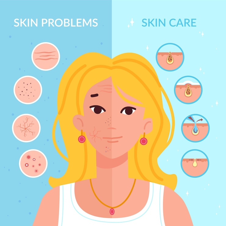 Vector skin problems solution home skincare treatment procedures teenager face with psoriasis problem skinspot facial blemishes wash pimple acne clean scrub vector illustration of cosmetic beauty and care
