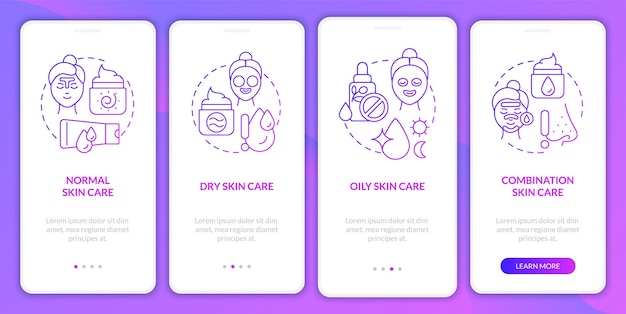 Tipi di pelle cura sfumatura viola onboarding schermo dell'app mobile beauty walkthrough 4 passaggi istruzioni grafiche pagine con concetti lineari ui ux gui template myriad probold font regolari utilizzati