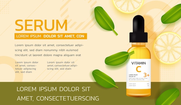 Skincare ads. vitamin c serum with fresh lemons