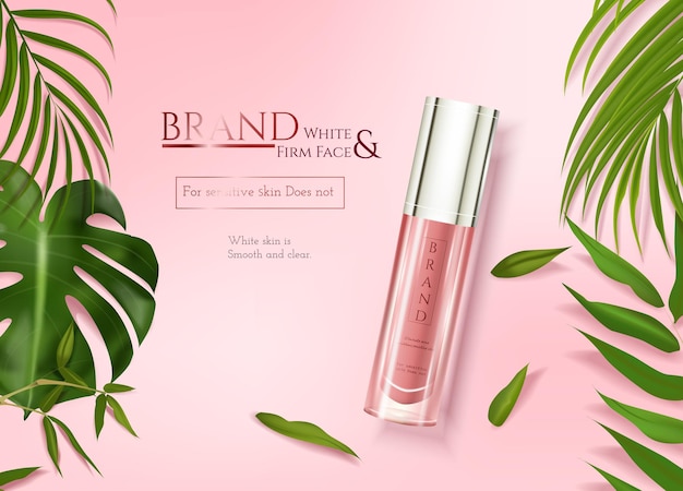 Skincare ads with tropical leaves decoration on pink element background in 3d illustration