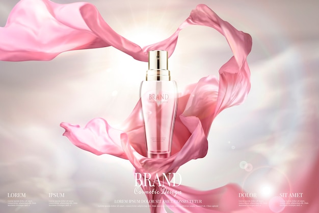 Skincare advertising with waving chiffon and spray essence