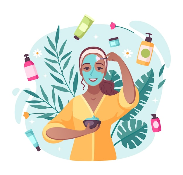 Vector skincare beauty products cartoon composition with creams moisturizing lotions swirling around applying face mask girl illustration